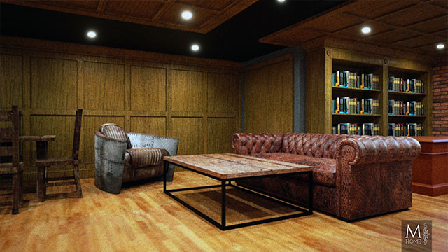 Interior of a Farmhouse basement den in Feeding Hills, Massachusetts